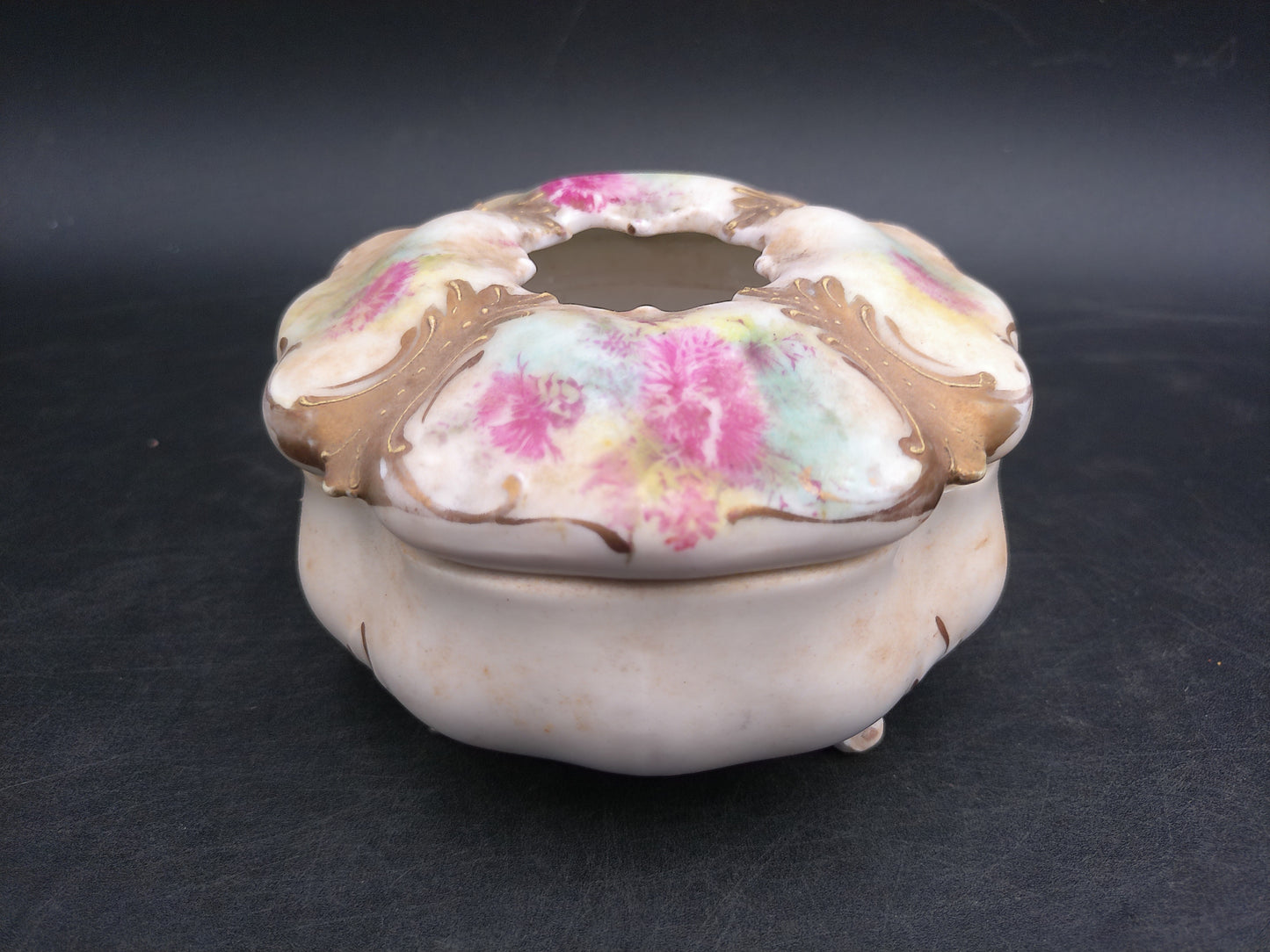 Gold Rim Floral Hair Receiver Porcelain Vintage