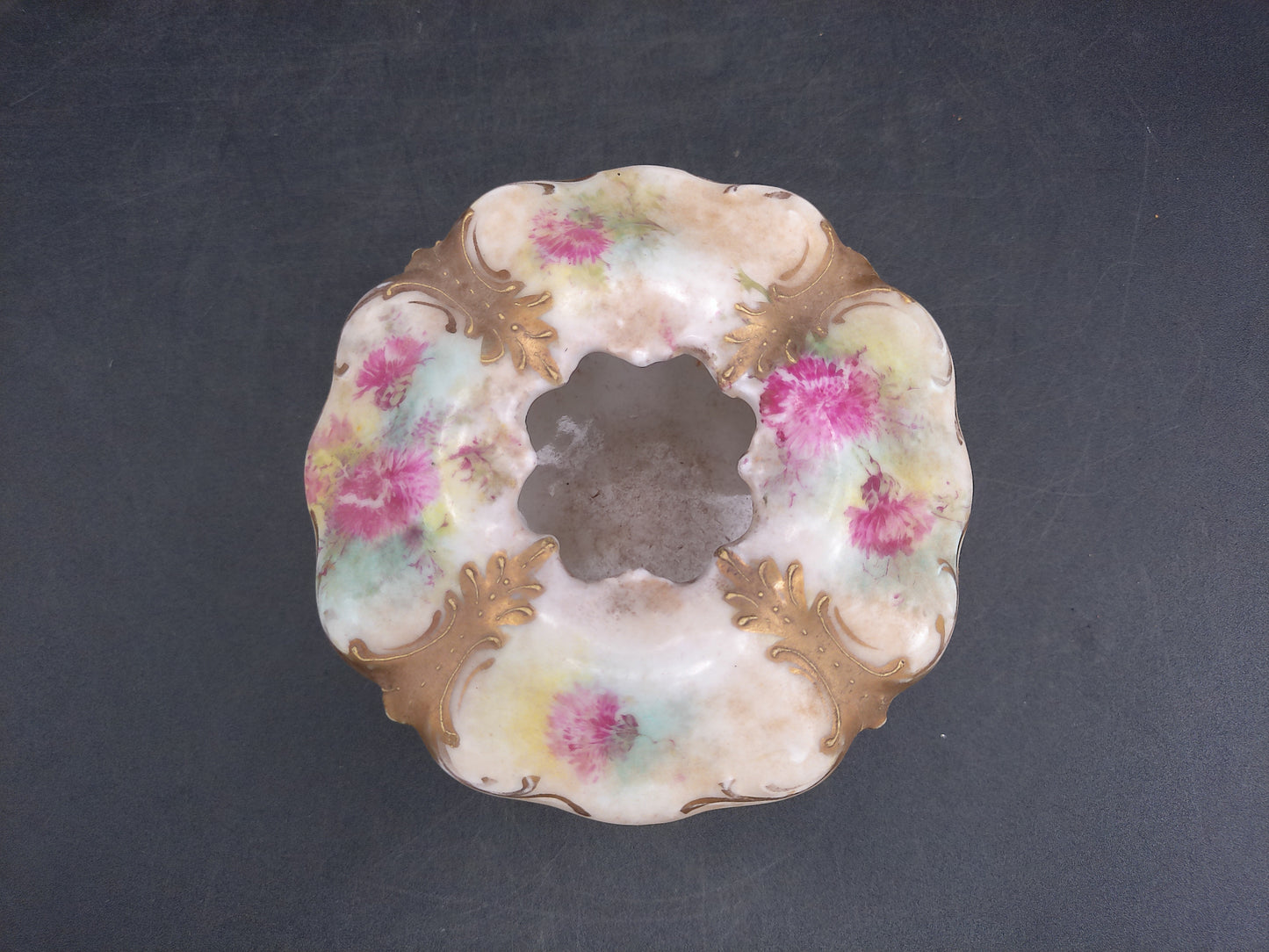 Gold Rim Floral Hair Receiver Porcelain Vintage