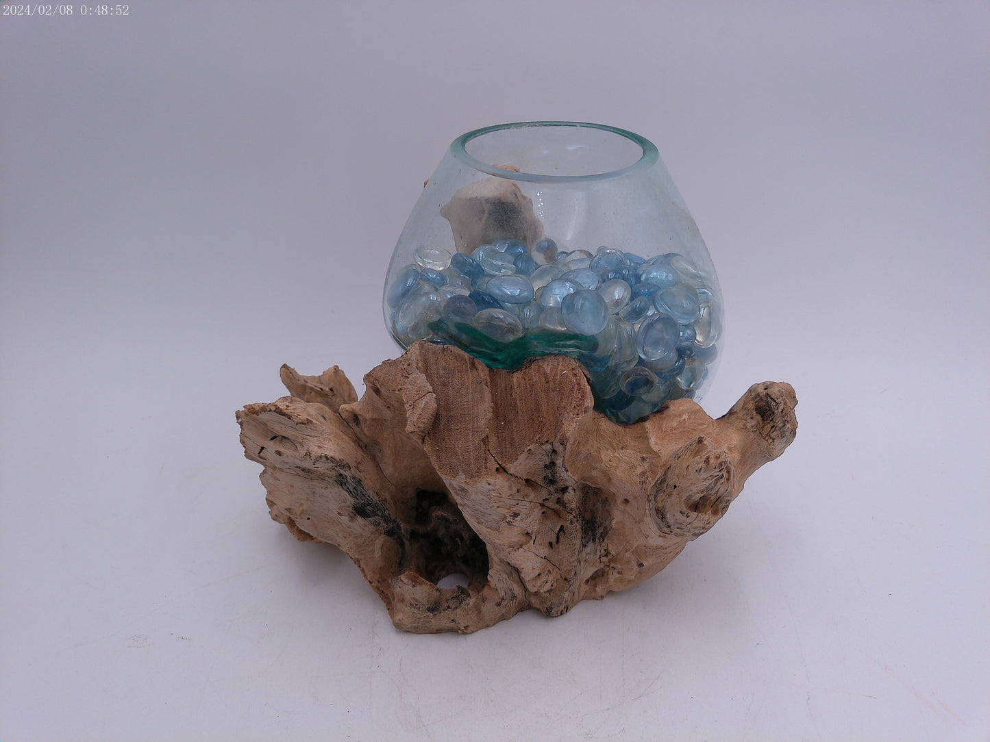 Clear Glass On Teak Driftwood Base Decorative Bowl Vase