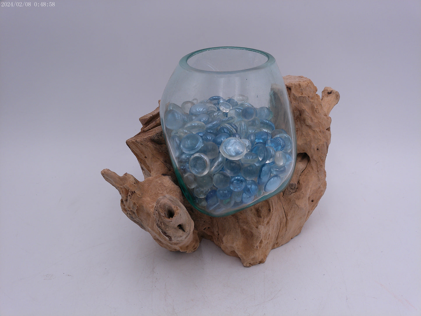 Clear Glass On Teak Driftwood Base Decorative Bowl Vase