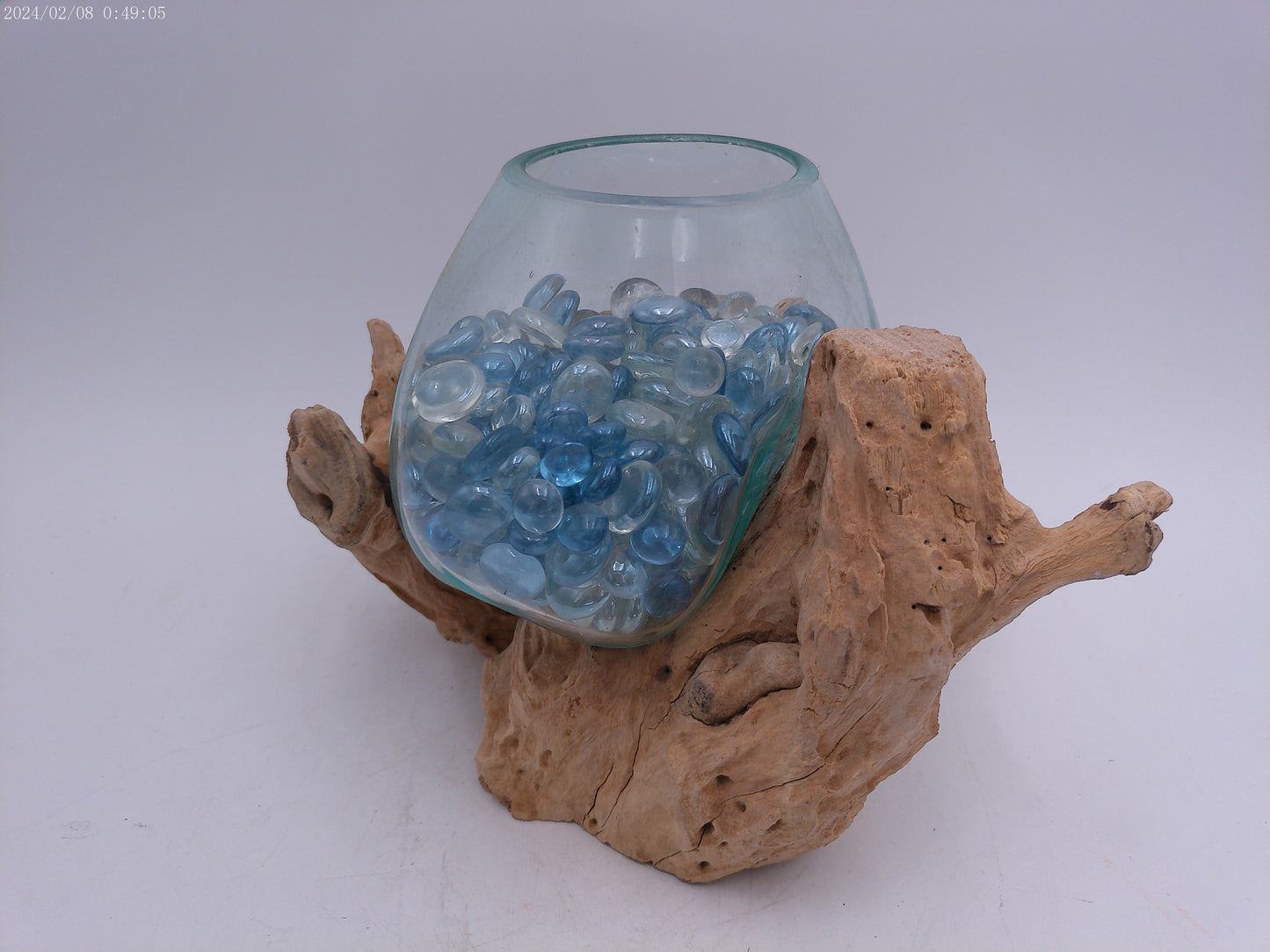 Clear Glass On Teak Driftwood Base Decorative Bowl Vase
