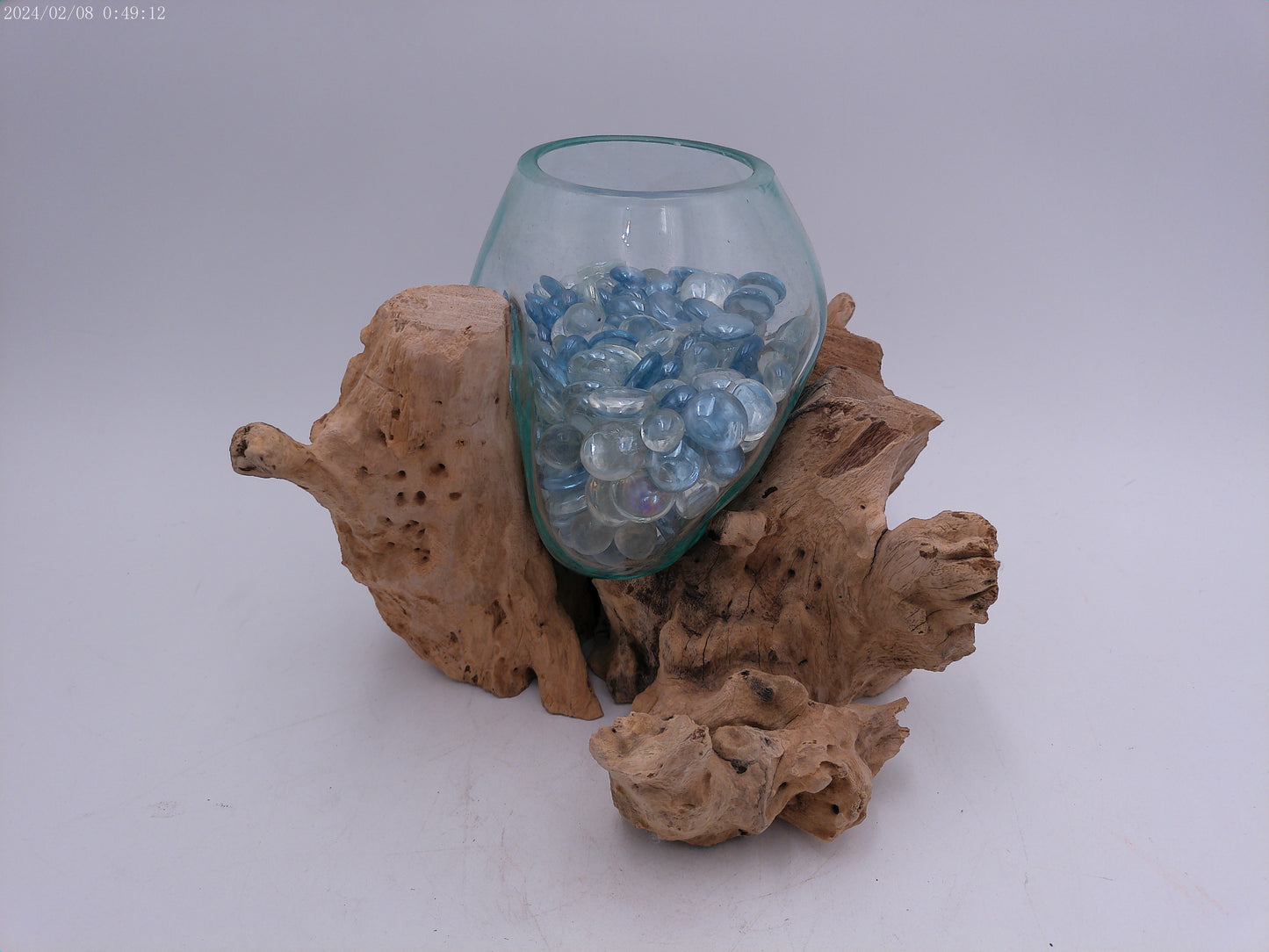 Clear Glass On Teak Driftwood Base Decorative Bowl Vase