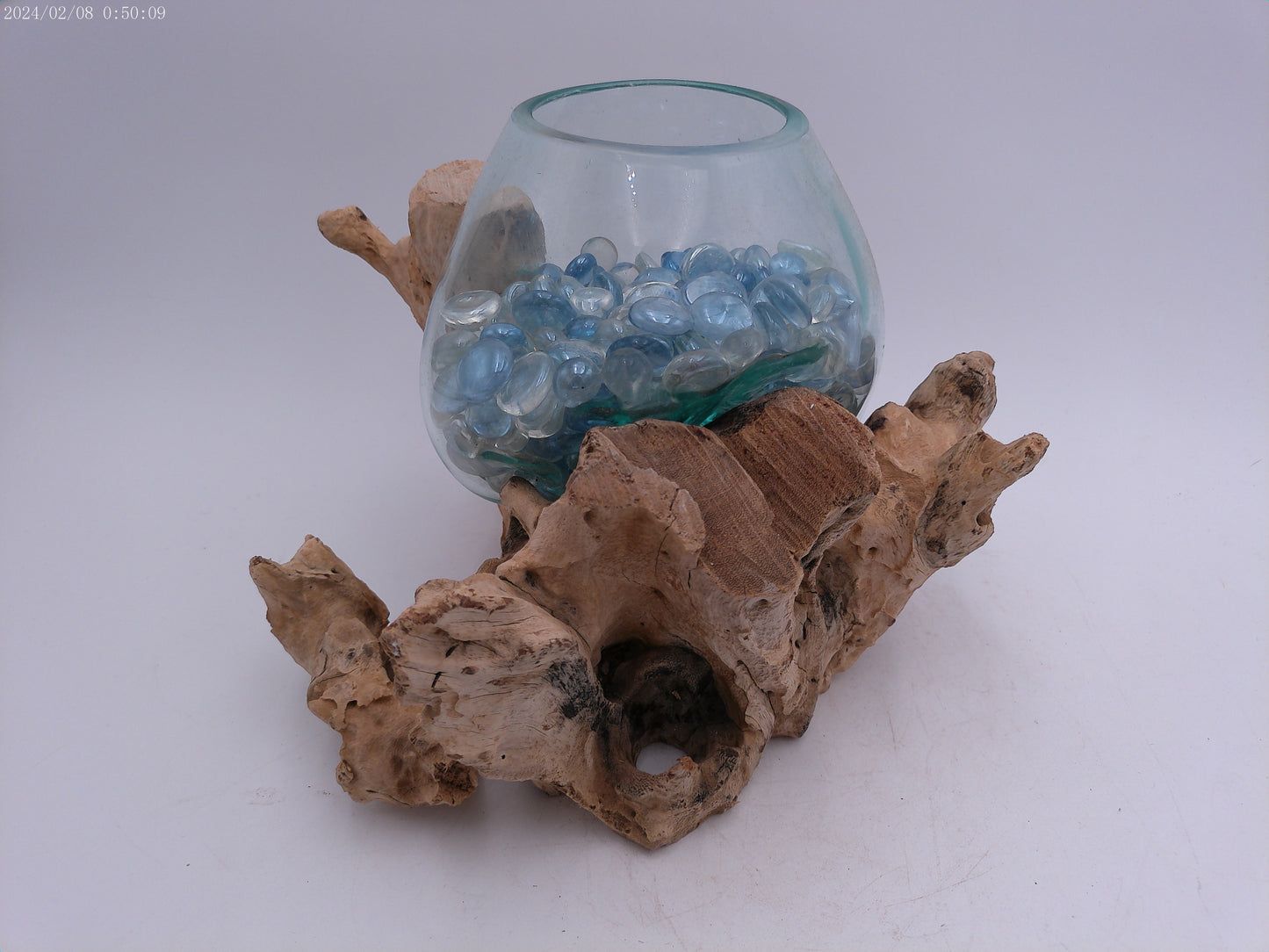 Clear Glass On Teak Driftwood Base Decorative Bowl Vase