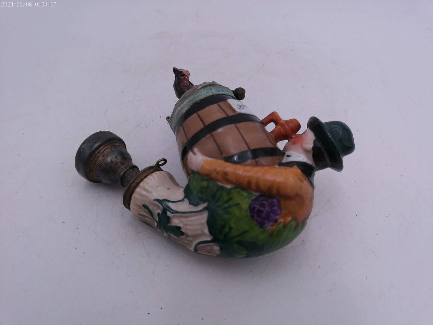 Figural Pipe Bowl Antique German Porcelain Man Barrel and Cat