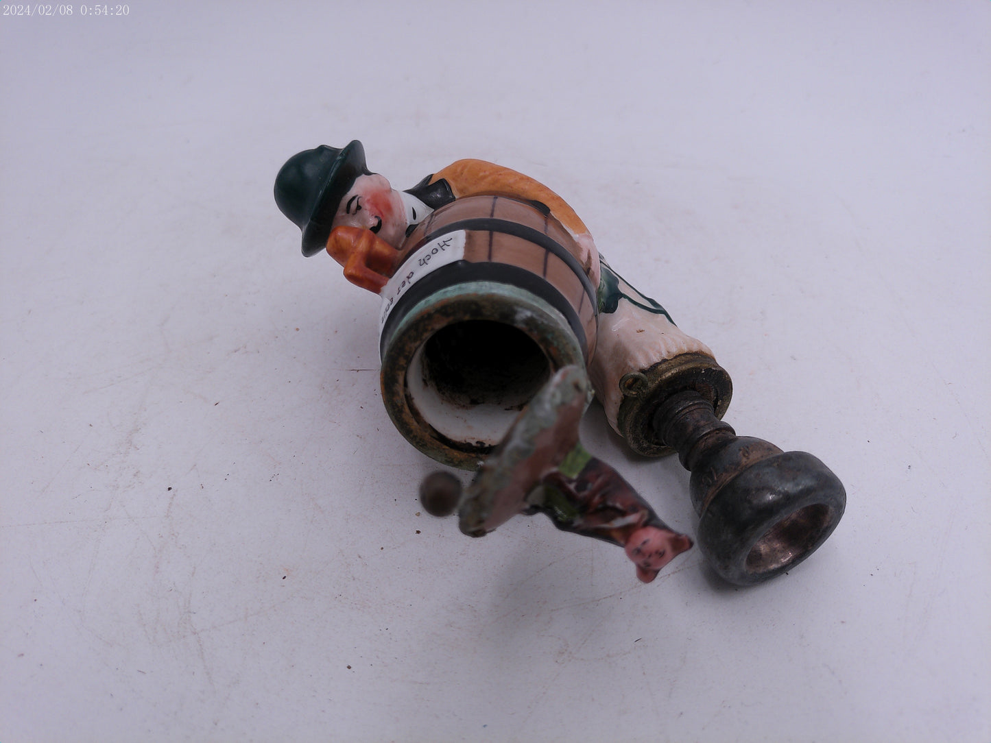 Figural Pipe Bowl Antique German Porcelain Man Barrel and Cat