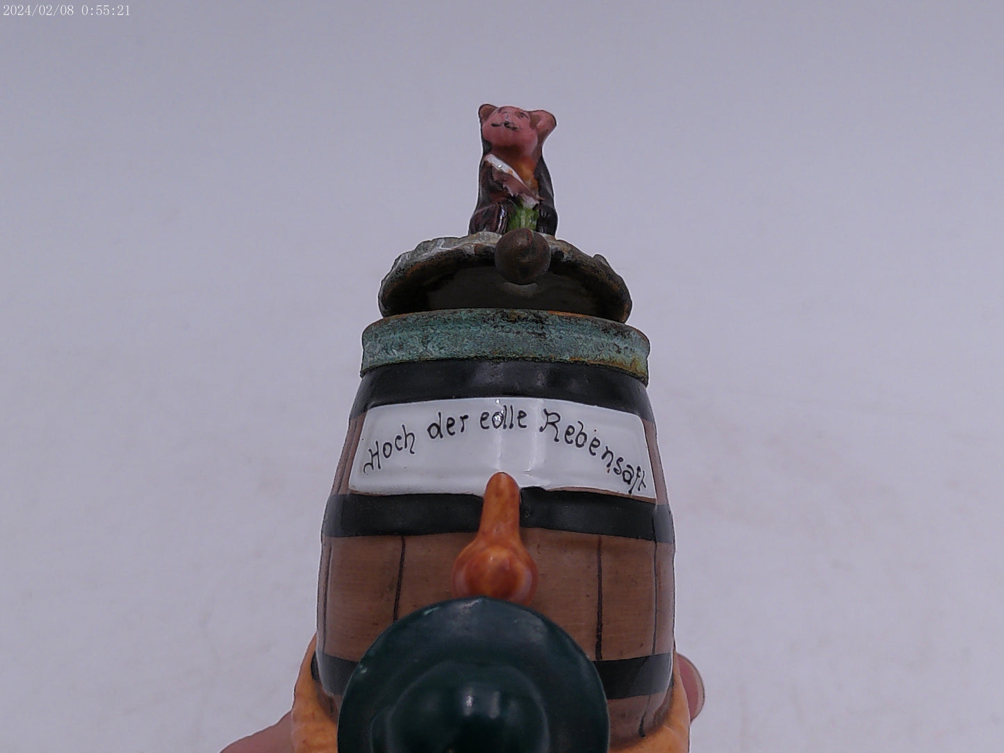 Figural Pipe Bowl Antique German Porcelain Man Barrel and Cat