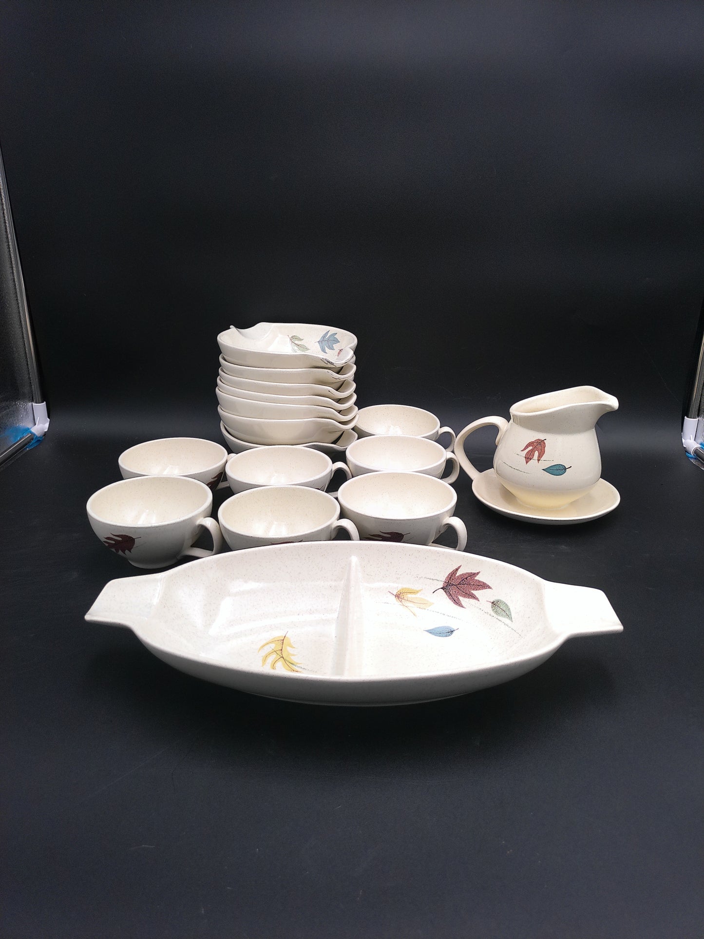 Franciscan Cups, Dishes, Plate and Pitcher Leaf Design 1950s