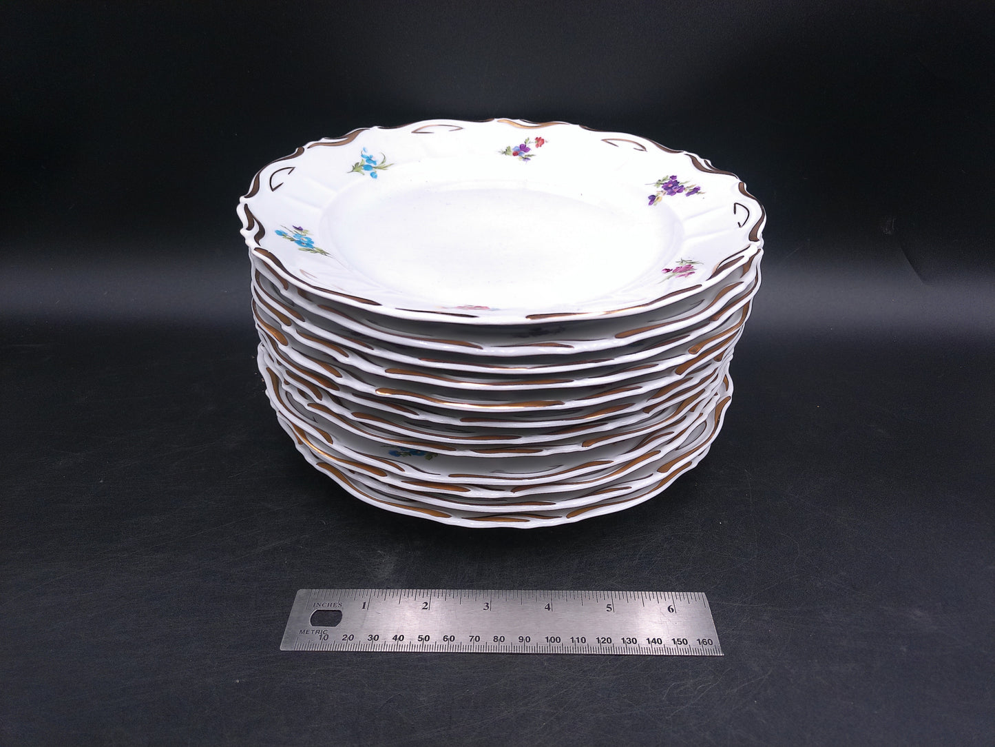 Iris Porcelain Cluj Romania Rose Plates Dishes Set of 12  Gold Rim Floral Design Vintage
