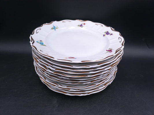 Iris Porcelain Cluj Romania Rose Plates Dishes Set of 12  Gold Rim Floral Design Vintage