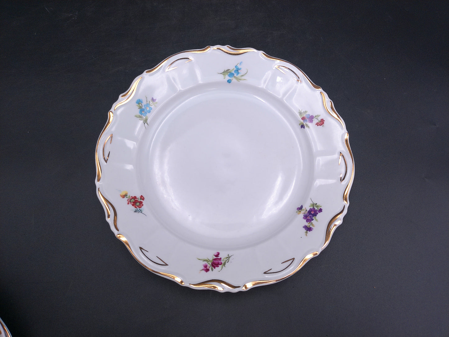 Iris Porcelain Cluj Romania Rose Plates Dishes Set of 12  Gold Rim Floral Design Vintage