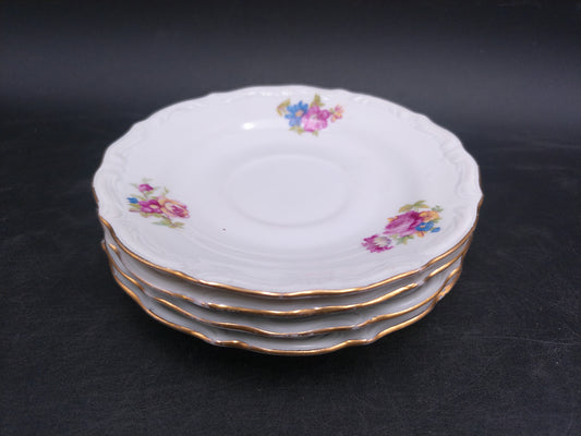 Walbrzych Made in Poland Porcelain Set of 4 Plates  Gold Rim Floral Design Vintage