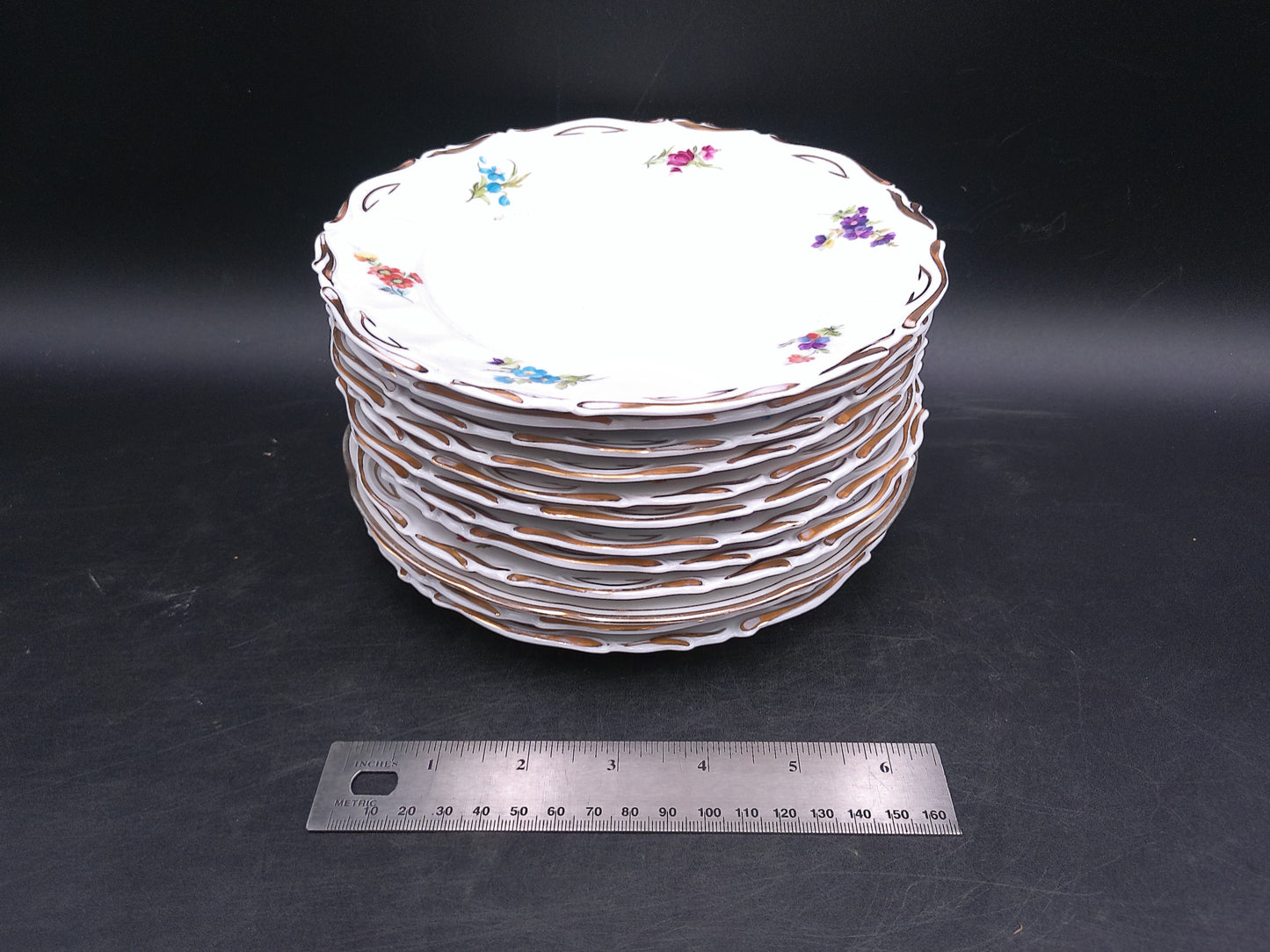 JRJS Cluj Romania Plates Dishes Porcelain Set of12 Floral Design Gold Rim Vintage