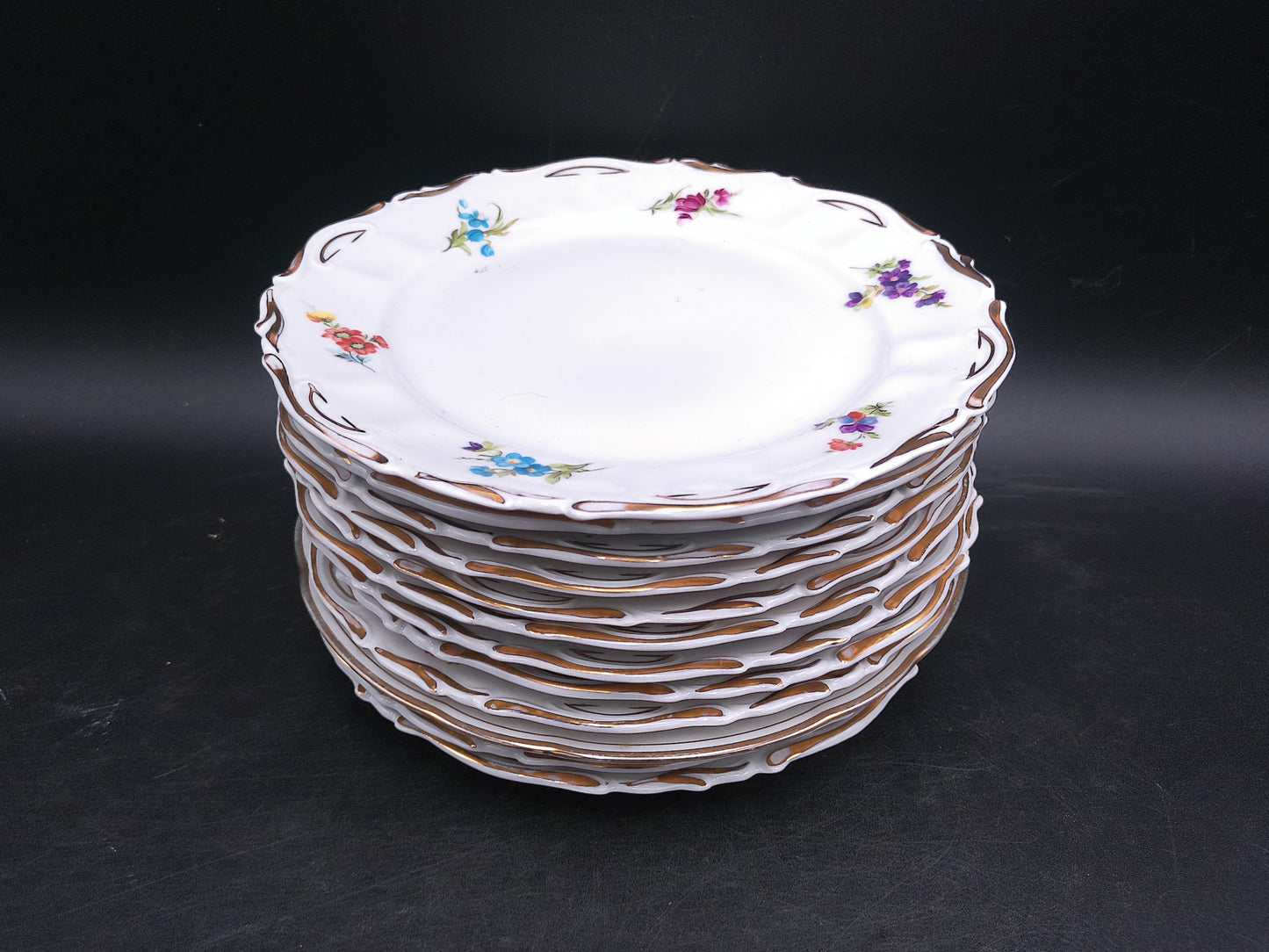 JRJS Cluj Romania Plates Dishes Porcelain Set of12 Floral Design Gold Rim Vintage