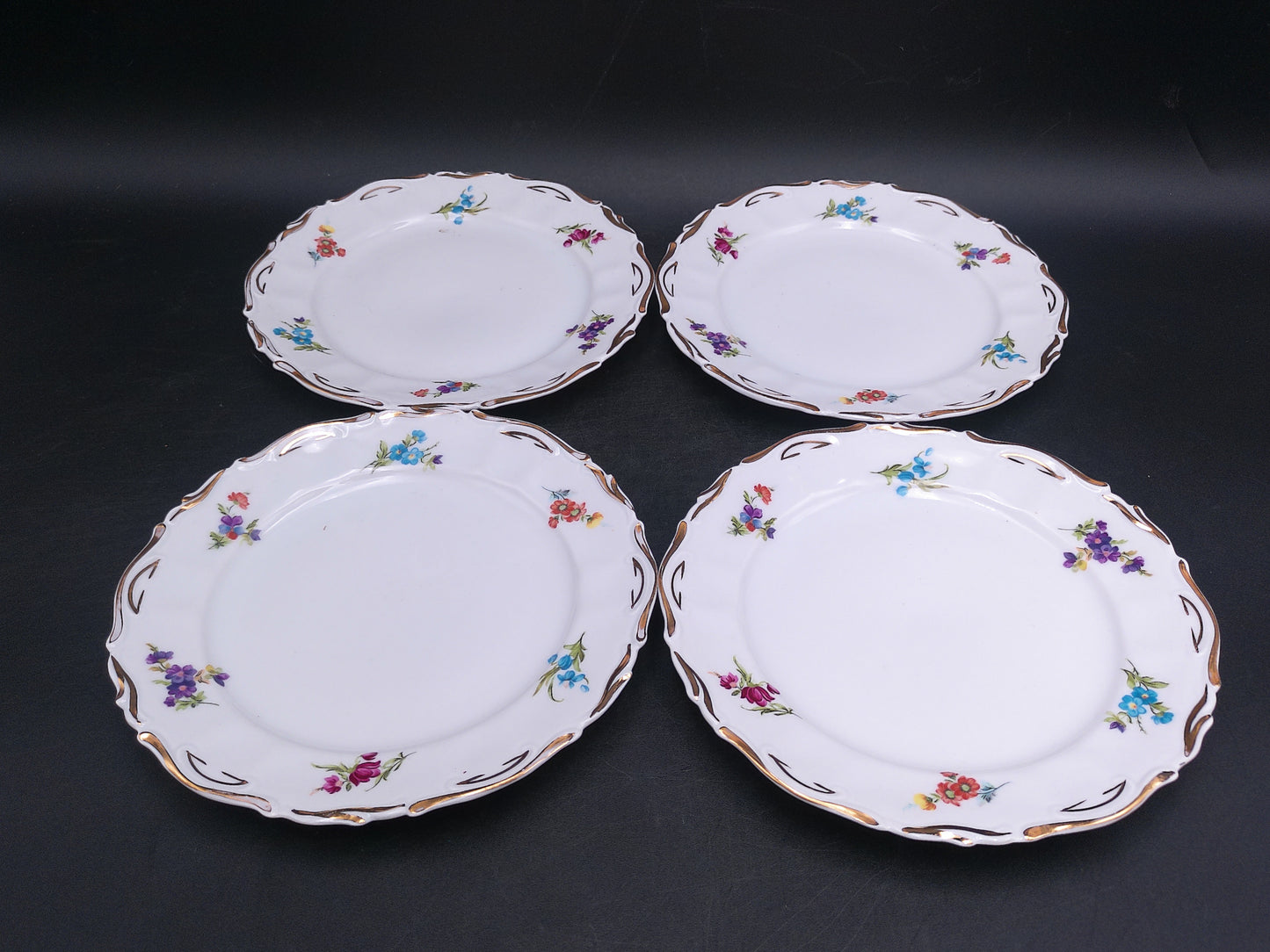 JRJS Cluj Romania Plates Dishes Porcelain Set of12 Floral Design Gold Rim Vintage