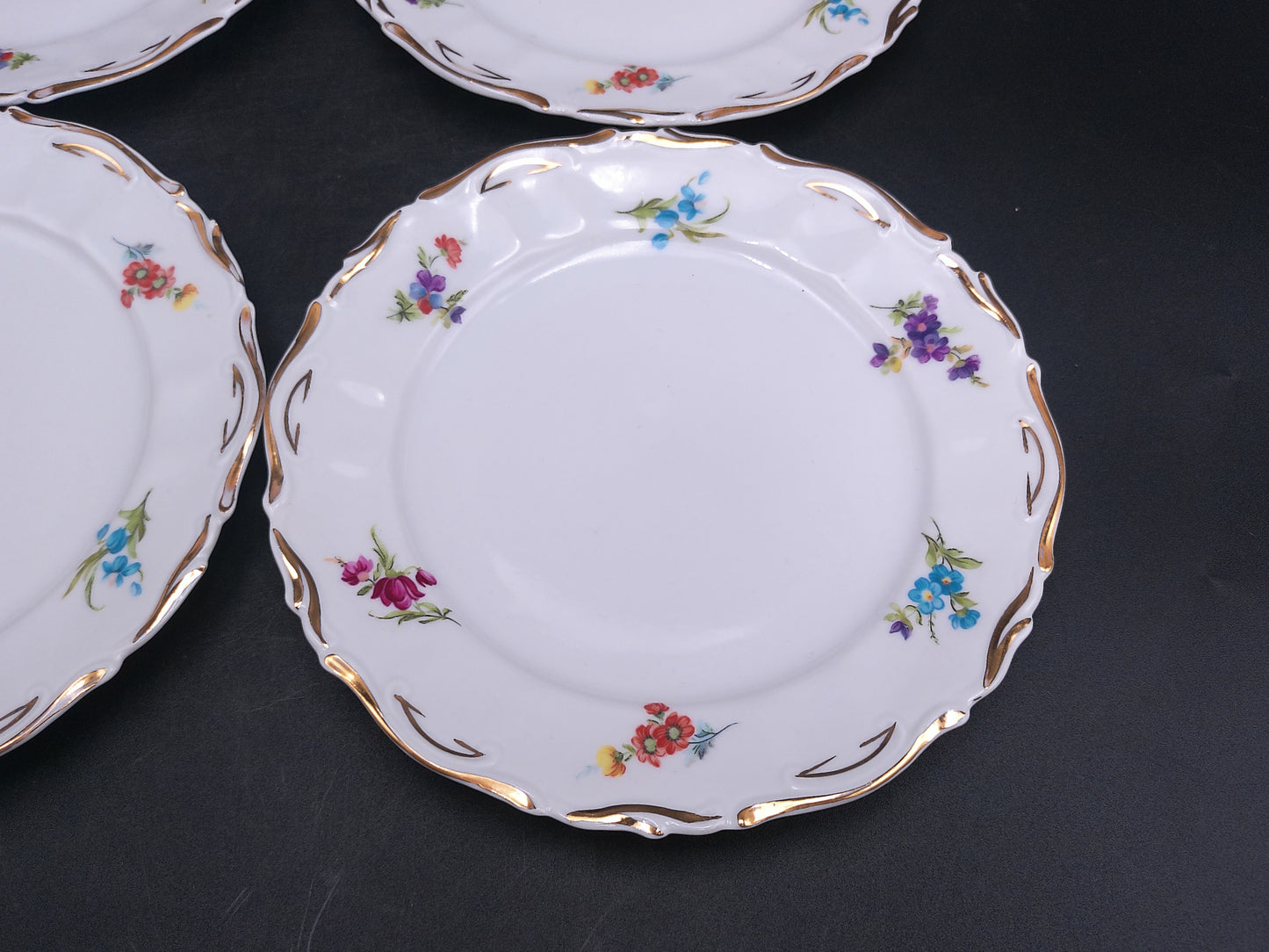 JRJS Cluj Romania Plates Dishes Porcelain Set of12 Floral Design Gold Rim Vintage