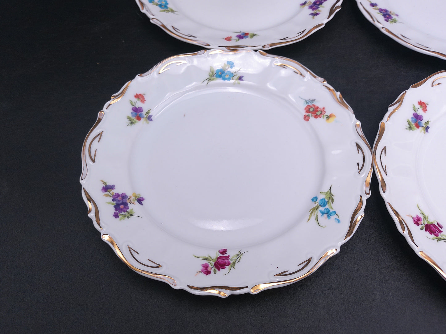 JRJS Cluj Romania Plates Dishes Porcelain Set of12 Floral Design Gold Rim Vintage