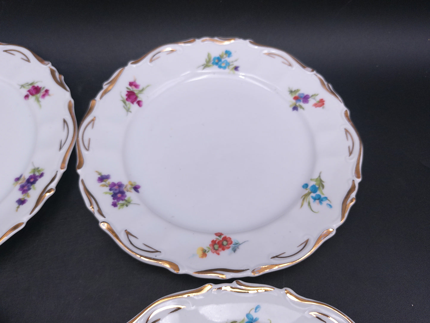 JRJS Cluj Romania Plates Dishes Porcelain Set of12 Floral Design Gold Rim Vintage