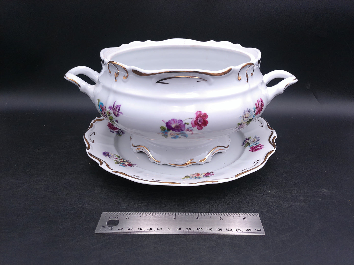 Bowl with Plate JRJS CLUJ Romania Made Beautiful Vibrant Colors Gold Rim