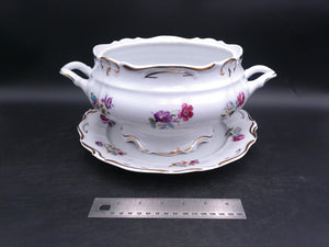 Bowl with Plate JRJS CLUJ Romania Made Beautiful Vibrant Colors Gold Rim