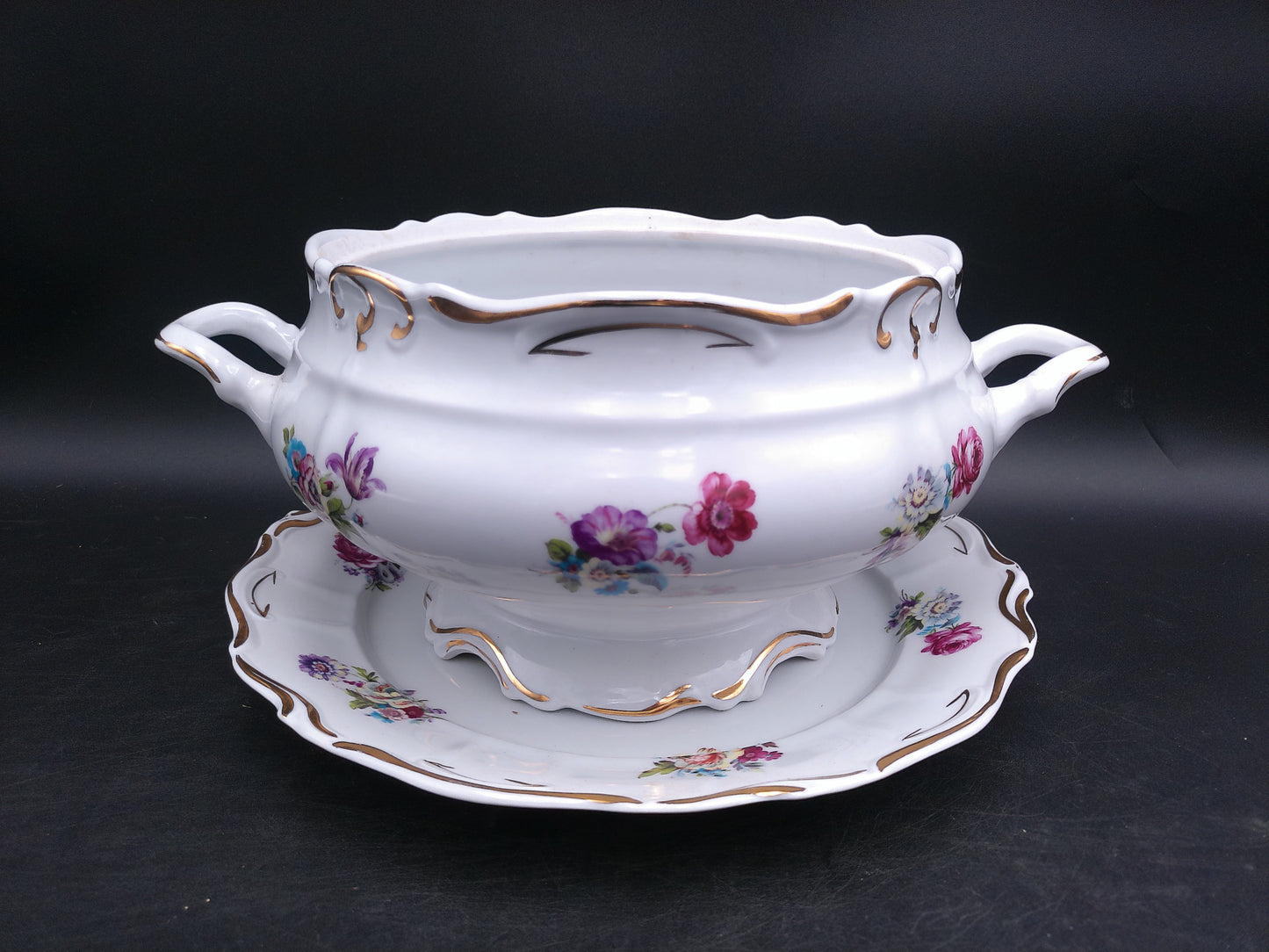 Bowl with Plate JRJS CLUJ Romania Made Beautiful Vibrant Colors Gold Rim