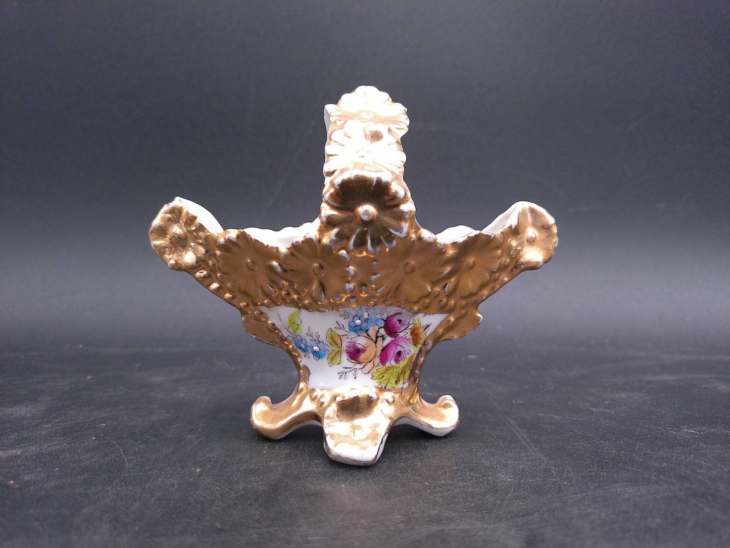 Porcelain Victorian Small Basket with Handle Flower Vase Gold Painted  Floral