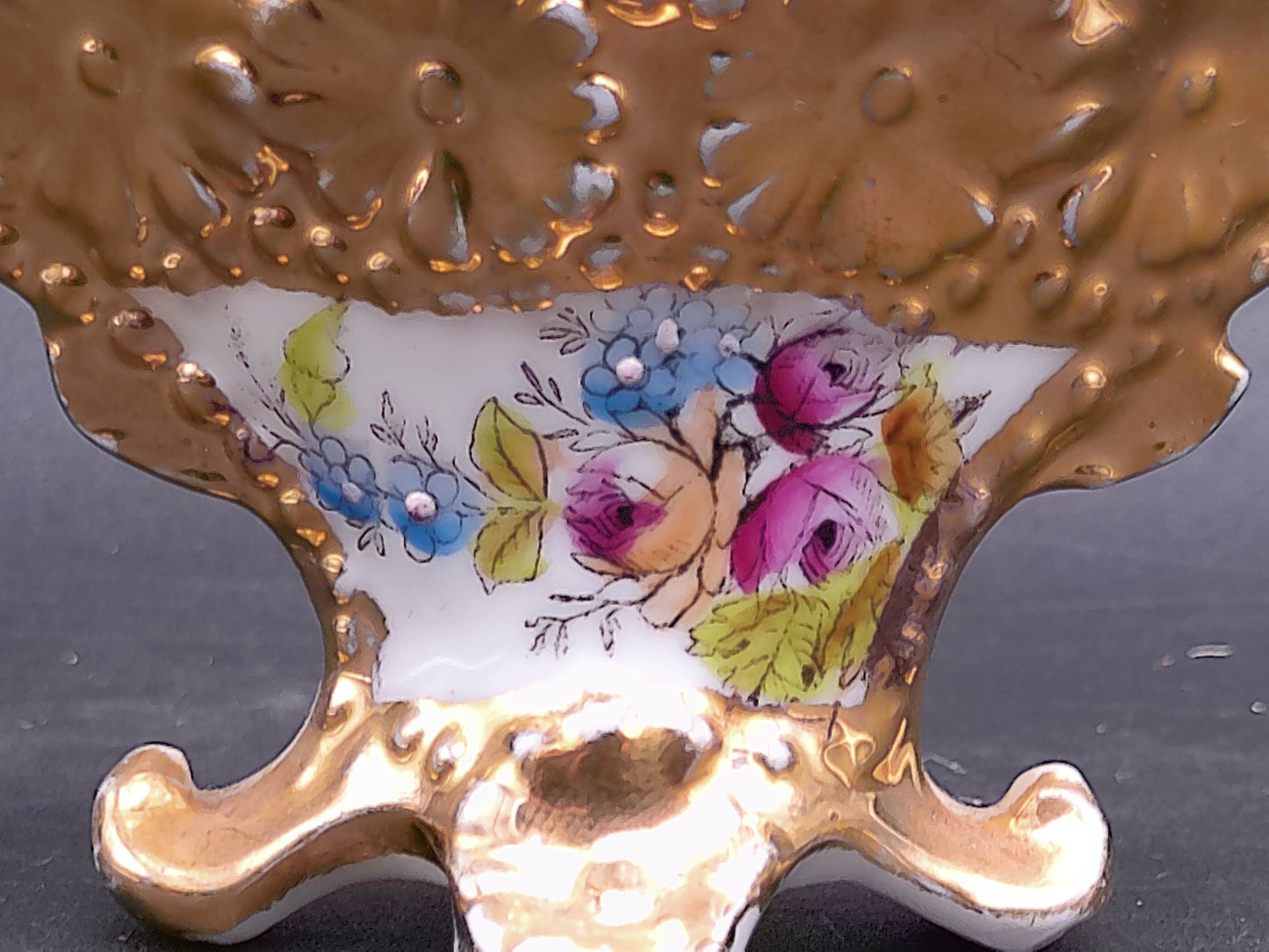 Porcelain Victorian Small Basket with Handle Flower Vase Gold Painted  Floral