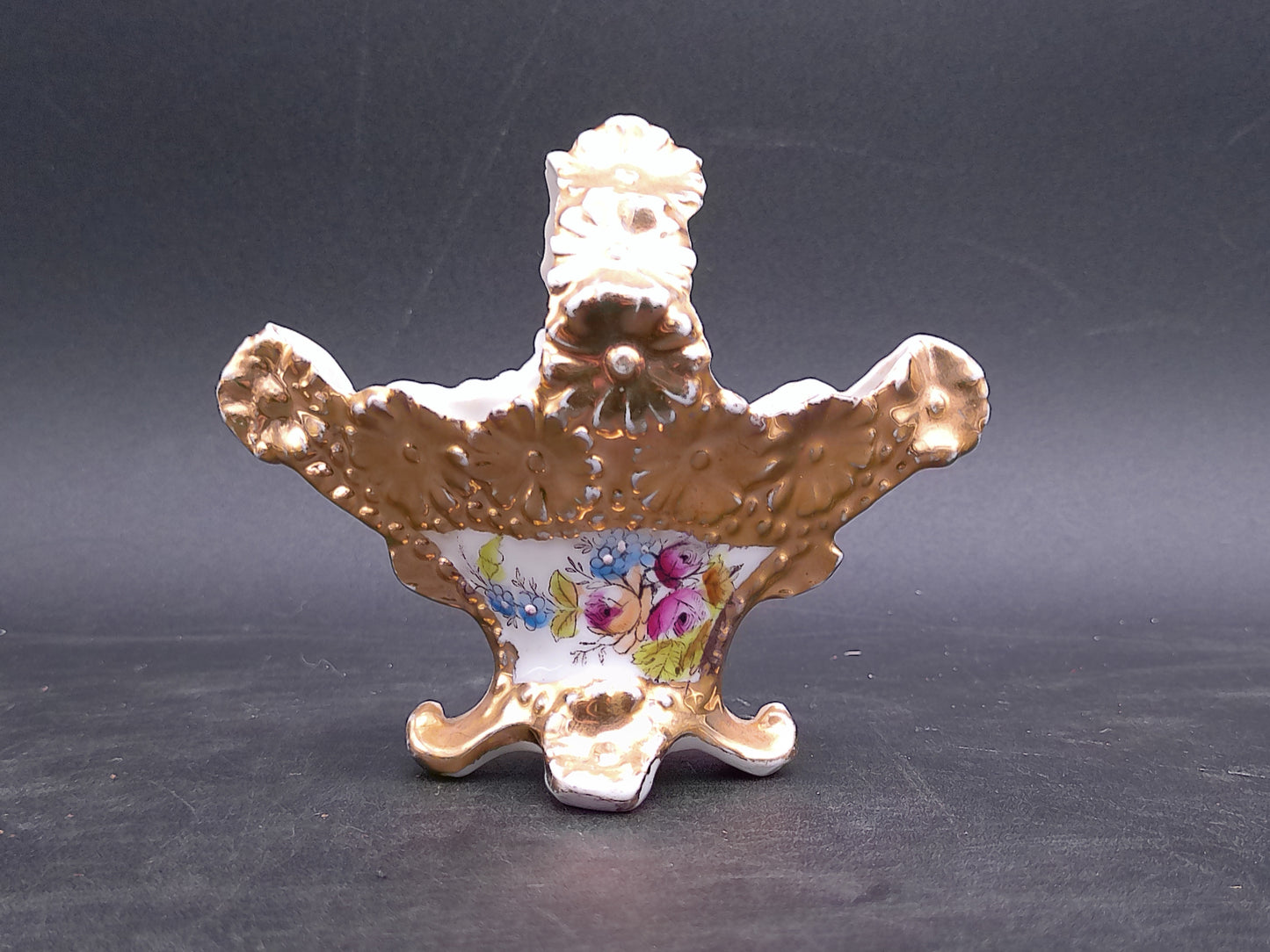 Porcelain Victorian Small Basket with Handle Flower Vase Gold Painted  Floral