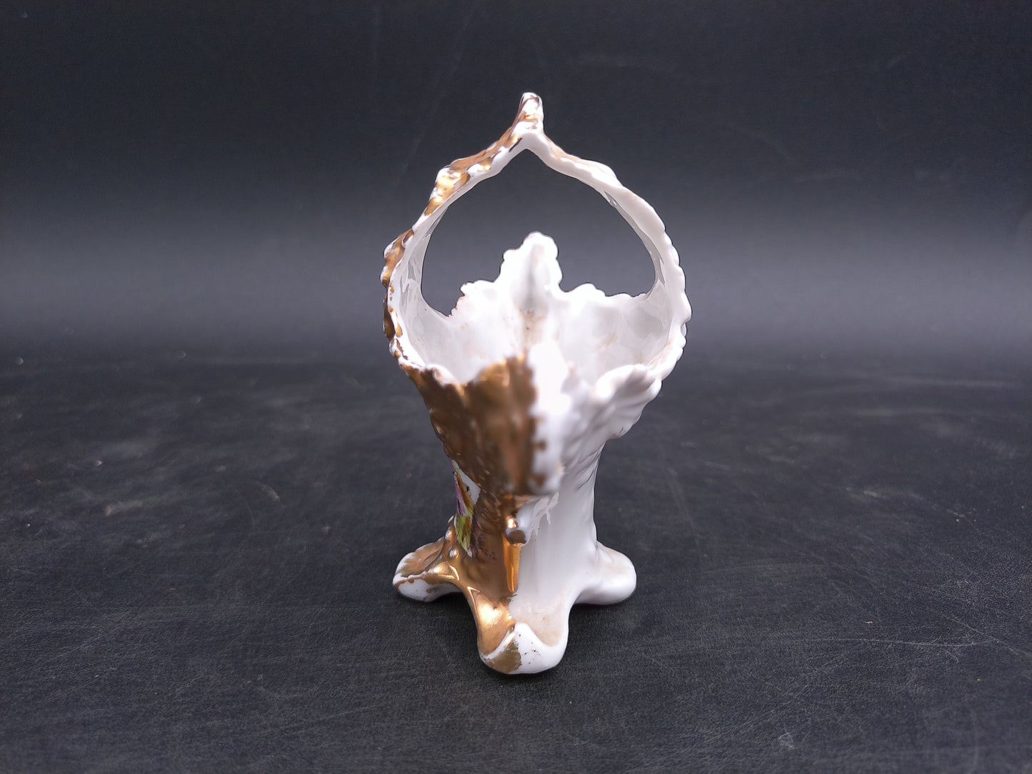 Porcelain Victorian Small Basket with Handle Flower Vase Gold Painted  Floral