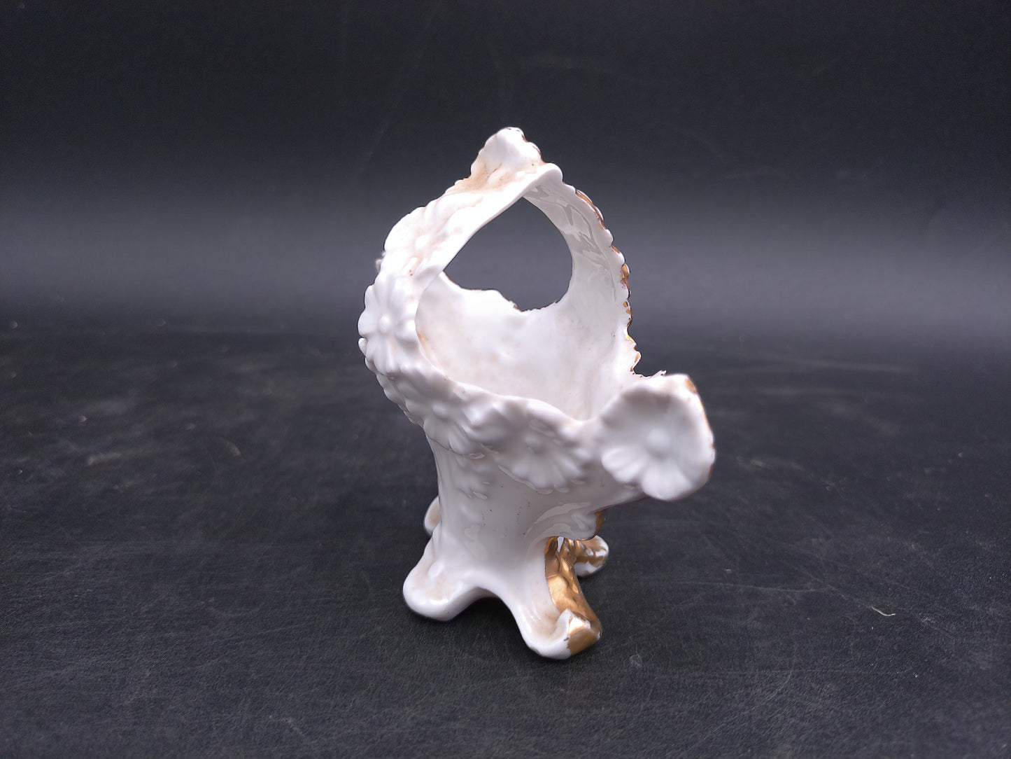 Porcelain Victorian Small Basket with Handle Flower Vase Gold Painted  Floral