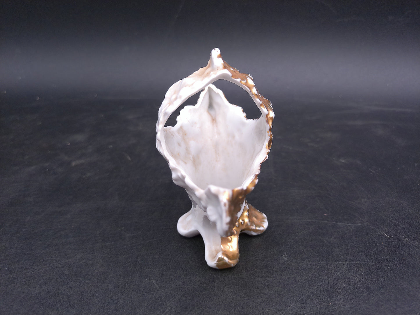 Porcelain Victorian Small Basket with Handle Flower Vase Gold Painted  Floral