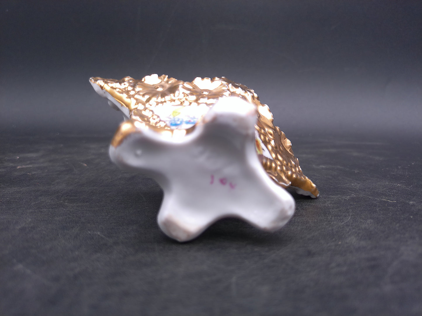 Porcelain Victorian Small Basket with Handle Flower Vase Gold Painted  Floral