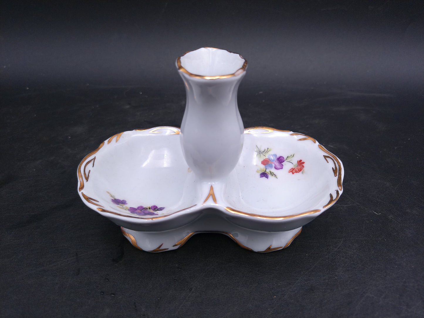 Porcelain Small Serving Dish flowers and Gold gilt trim marked JRJS Cluj Romania