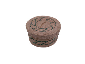 Vintage Small Woven Sweet Grass Basket W/ Lid green geometric design