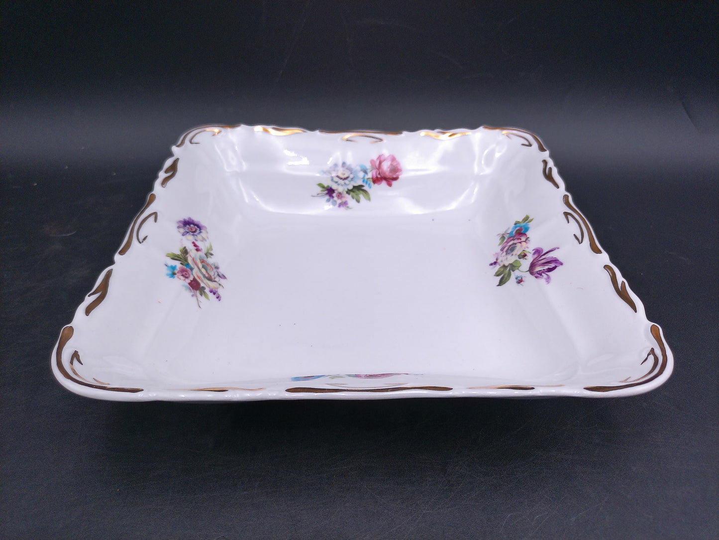 Porcelain Square Serving Dish and Oval Plate Floral Design Gold Trim marked JRJS Cluj Romania