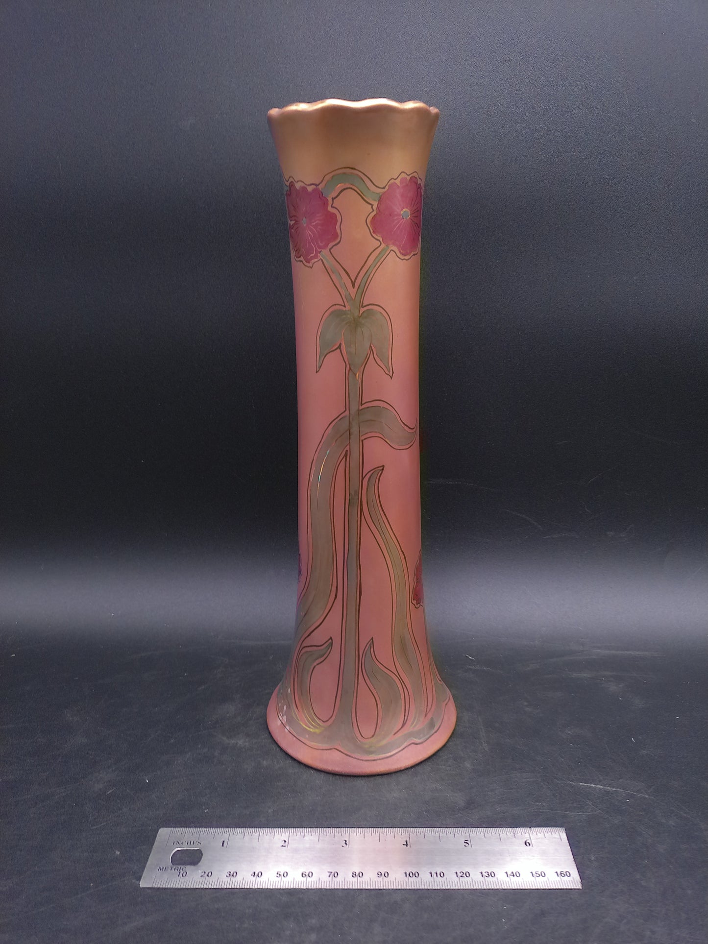 Tall Vase Ceramic with Flower Design Gold edge color  Antique