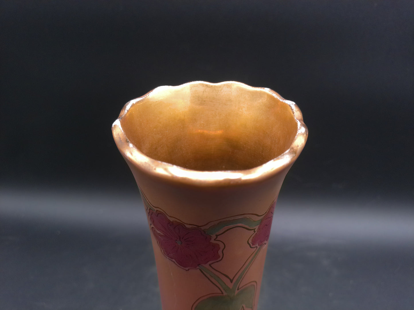 Tall Vase Ceramic with Flower Design Gold edge color  Antique