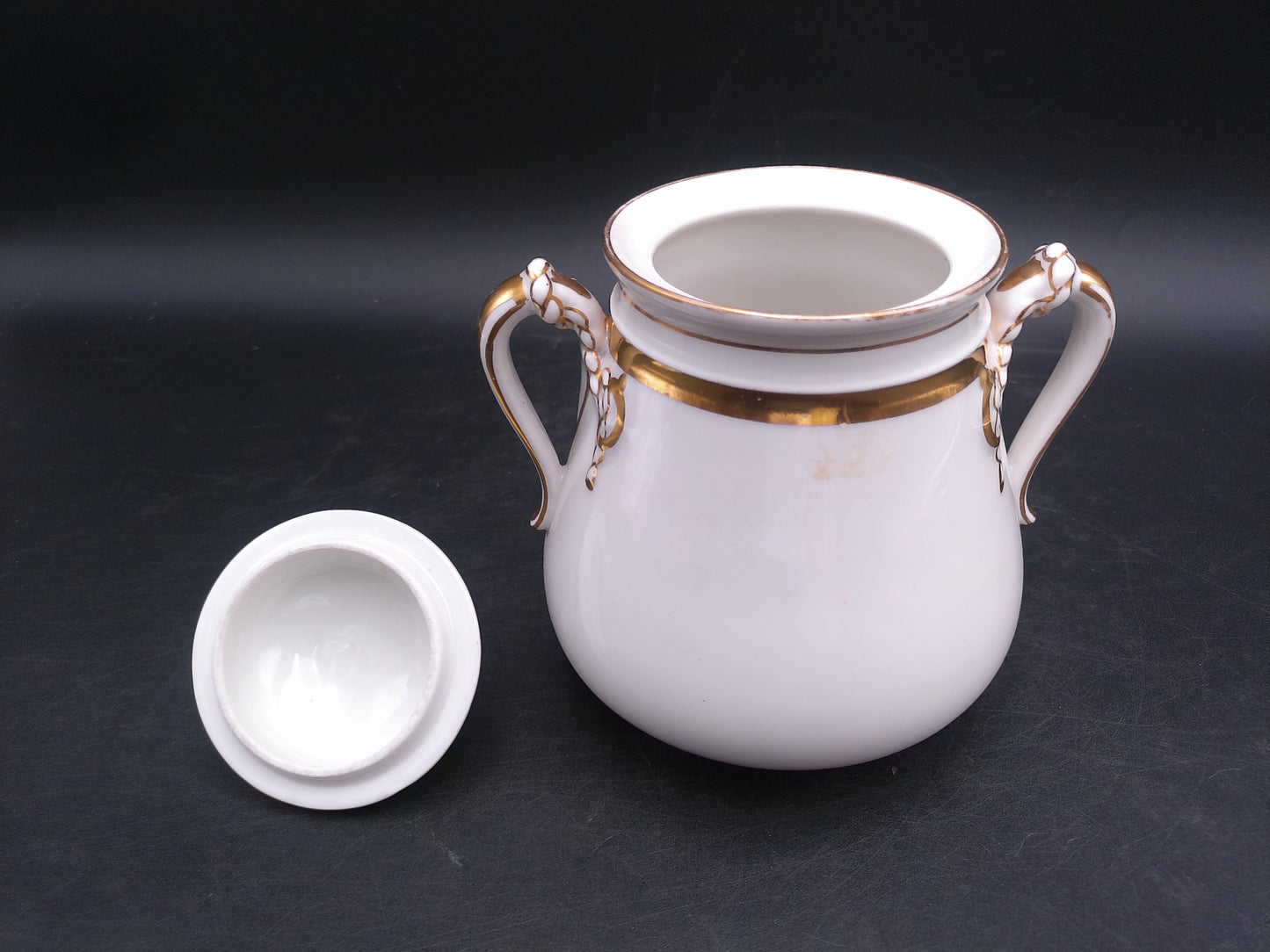 Haviland & Co Limoges Porcelain Sugar Bowl & Lid White Gold Trim Vintage