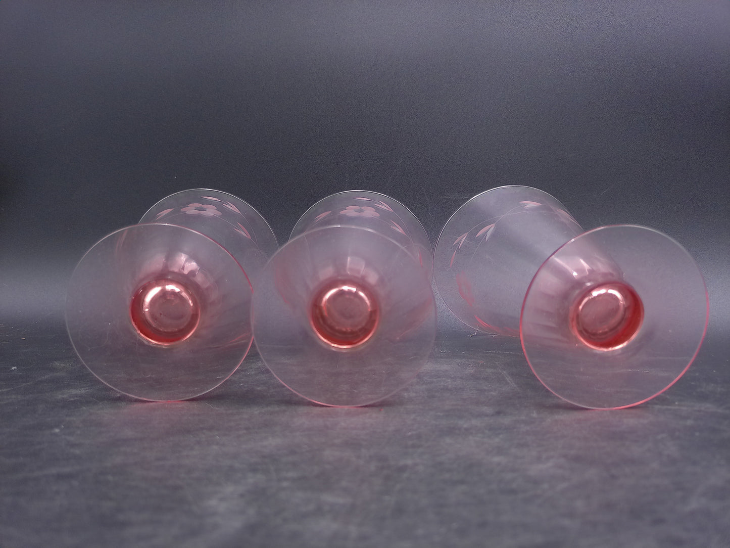 Pink Depression Glass Parfait Tumblers Floral Etched Set of 3 Vintage