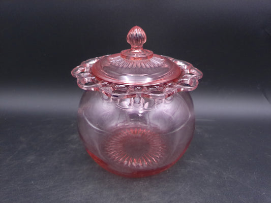 Lace Edge Pink Depression Biscuit Cookie Jar Glass Colony 1930s Art Deco