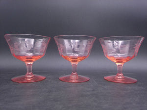 Pink Short Stem Glass - Champagne Coupe etched Flowers Set of 3