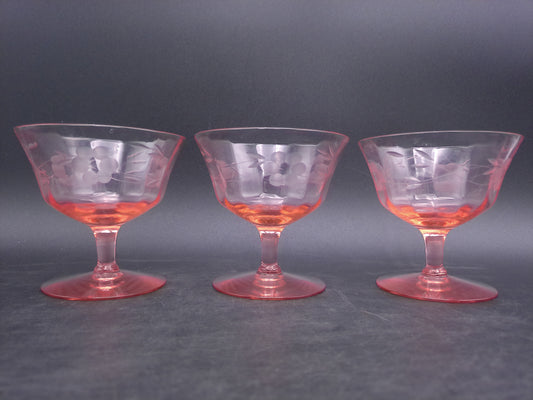 Pink Short Stem Glass - Champagne Coupe etched Flowers Set of 3