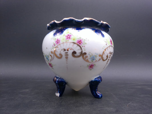 Porcelain Ball Vase Flow Blue Style with Hand Painted Flowers and Gold Accents Antique
