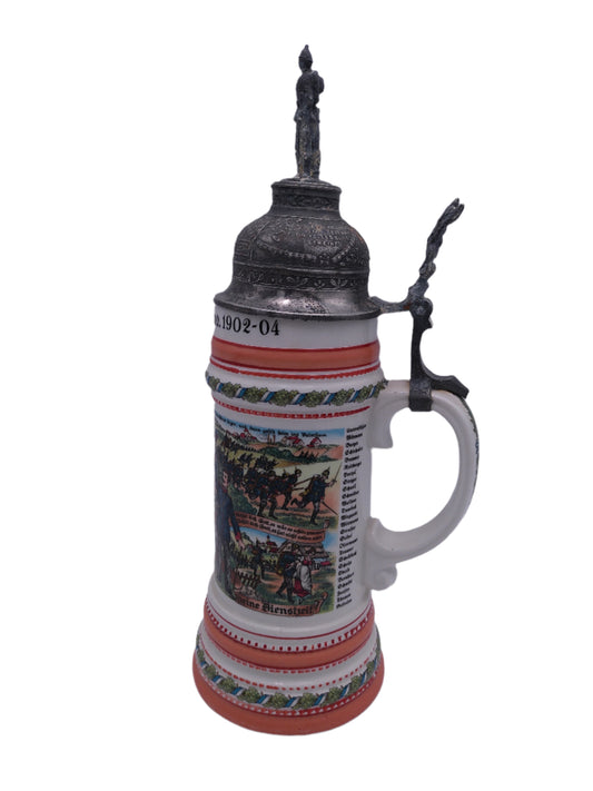 Beer Stein Vintage  German with Lid 1902-04 writing With Pewter Lid  JK