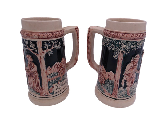 Beer Stein Vintage Set of 2 German  Steins Vintage Hunters in the Mountains