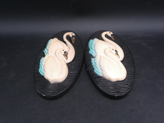 Miller Studio 1965 Chalk Ware Pair of Swan Bird Plaques Black Blue Pair Wall Hanger Art