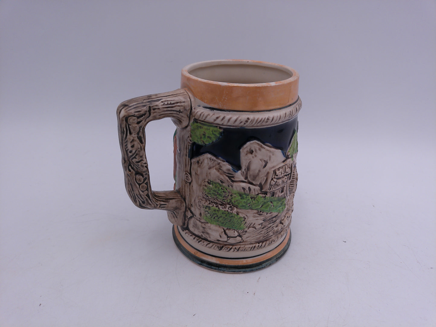 Beer Stein Made In Germany Porcelain, Tree Handle Hand Painted German Artwork, Vintage