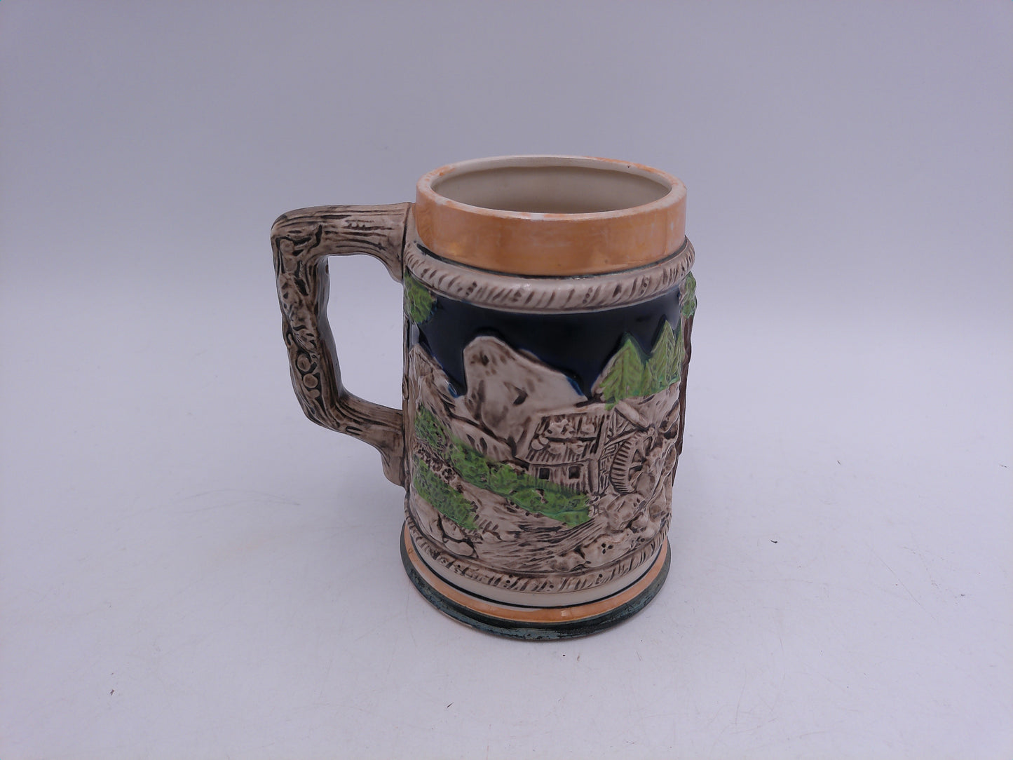 Beer Stein Made In Germany Porcelain, Tree Handle Hand Painted German Artwork, Vintage