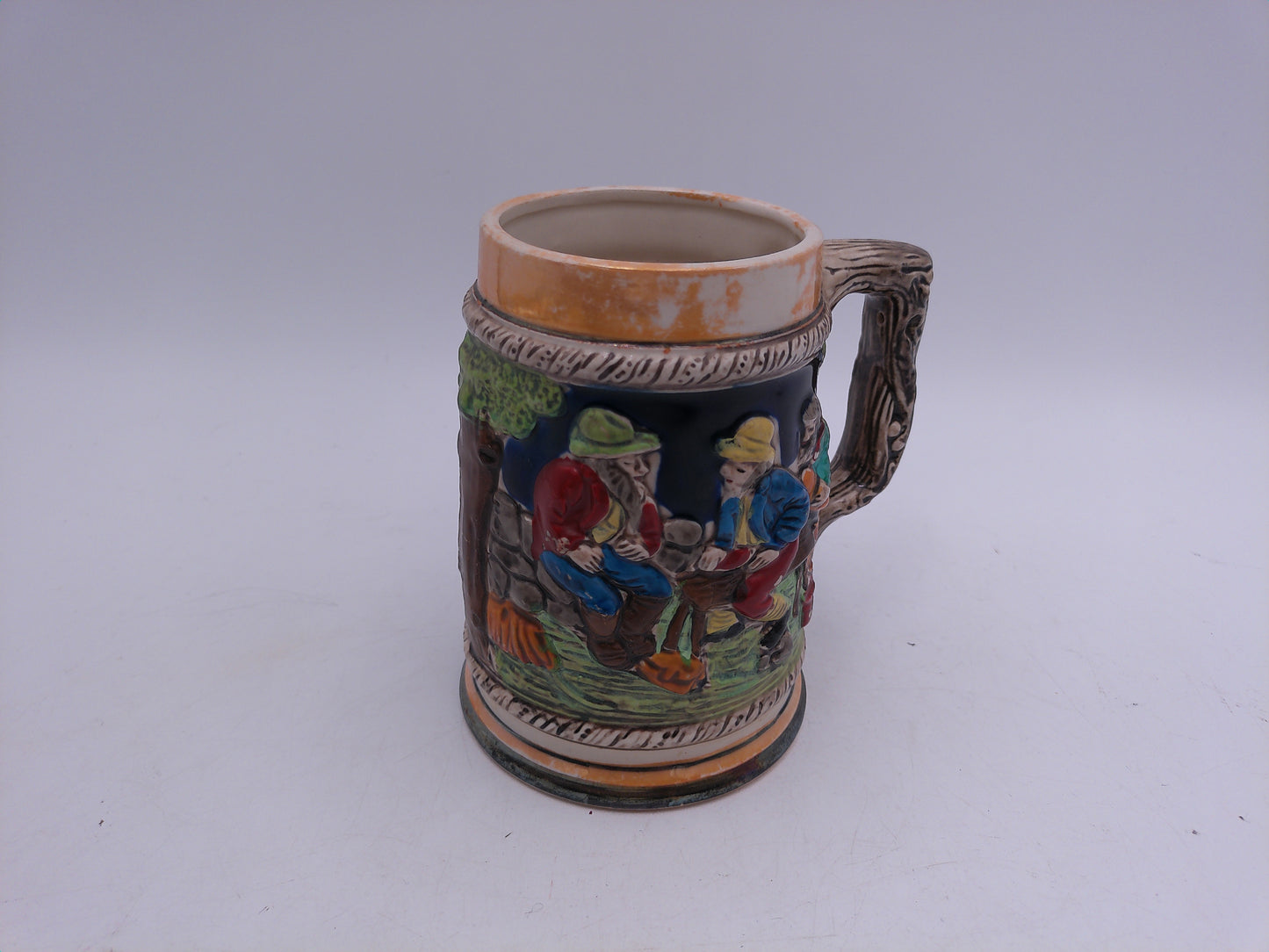 Beer Stein Made In Germany Porcelain, Tree Handle Hand Painted German Artwork, Vintage