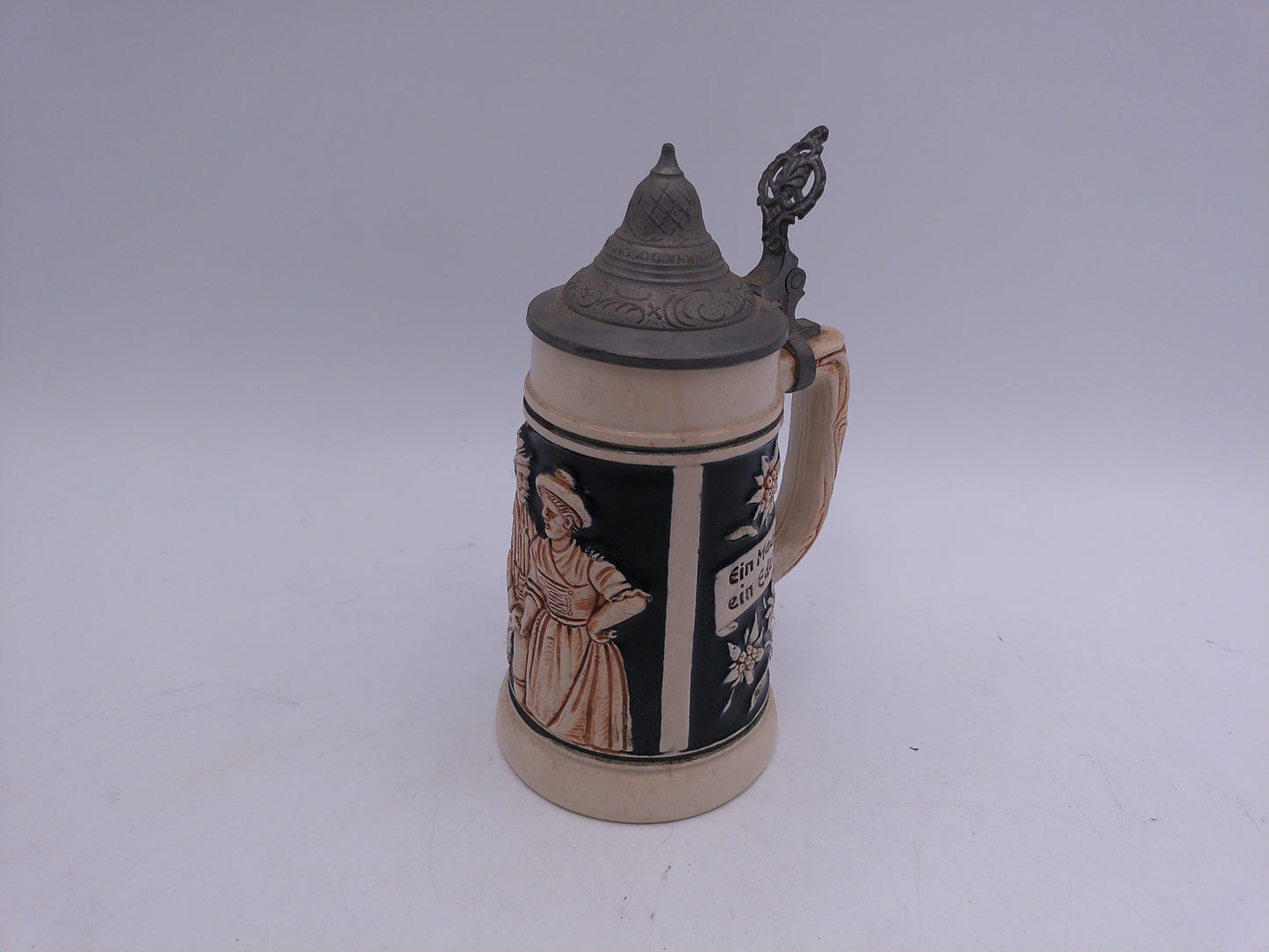 Beer Stein Made In Germany Hinged Pewter Lid Hand Painted Vintage