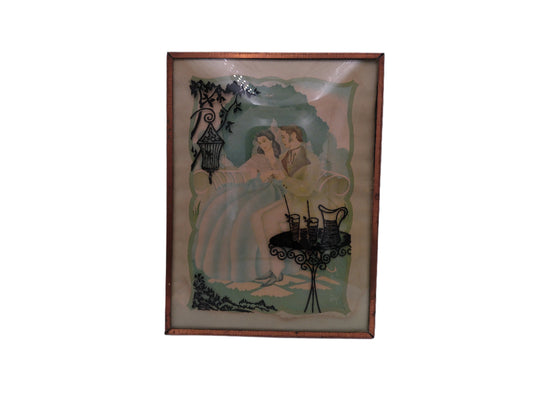 Glass Convex Silhouette Courting Framed Picture Vintage B11